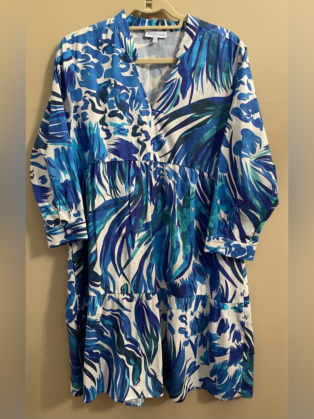 Perlavera May Waves Blue Printed Tiered Mini Dress M
